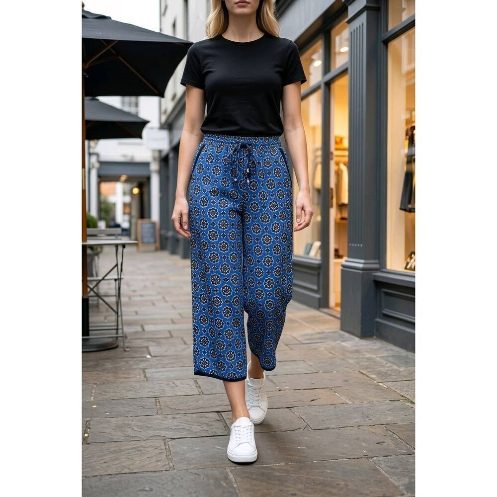 💜Forever 21 Blue Geometric Satin Crop Wide Leg Pants Small